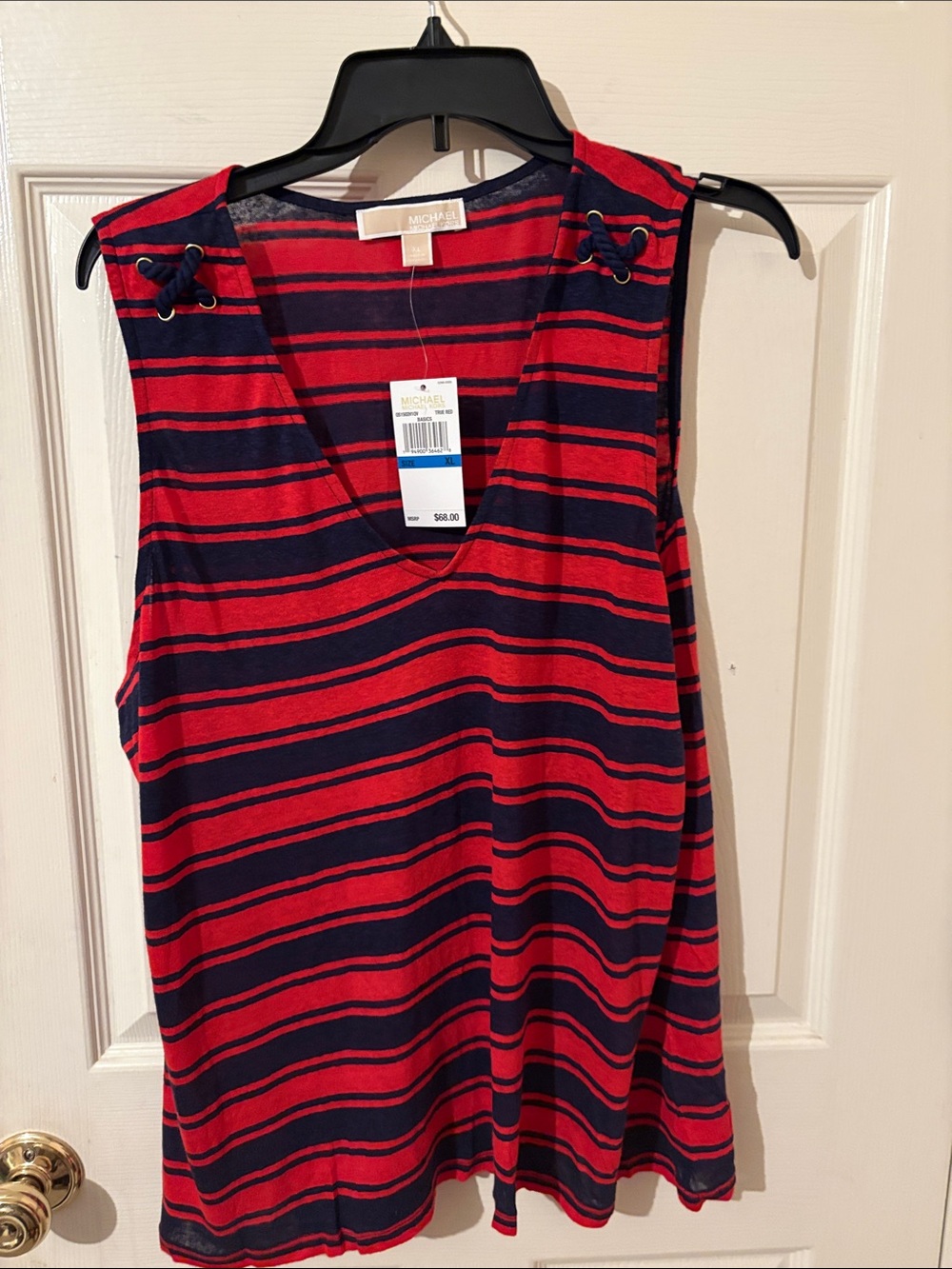 Michael Kors Red and Navy Striped Lace-Up Shoulder Tank